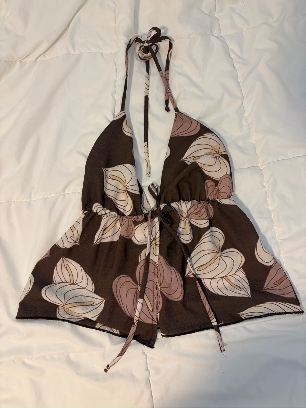 Brown Floral Halter Tank with Tie Front